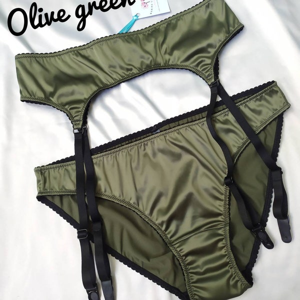 Olive green satin garter belt, pink lingerie, wedding silky suspender belt