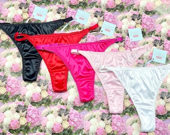 Pink Satin V String Bikini - Red Silk Thong Panty - Christmas Lingerie Gift