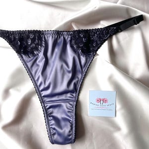 Lavender Grey Satin String Panty with Black Lace - Silk Thong Bikini - Christmas Gift for Her