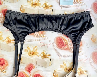Black Satin Garter Belt - Silky Lingerie - Christmas Gift for Woman
