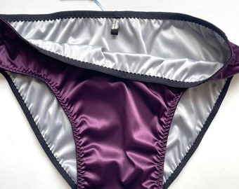 Dark plum double satin briefs for men, navy blue silk male panty with two layers of stretch satin