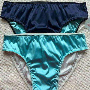 Navy aqua blue double satin briefs for men, silk male panty with two layers of stretch satin