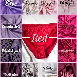 Puede incluir: Un collage de muestras de tela en varios colores, incluyendo lila, peon&iacute;a plateada, rosa beb&eacute;, rosa rubor, lunares lavanda, negro y rosa, ciruela oscura, plata, blanco, marfil y vino. Un calz&oacute;n rojo est&aacute; en el centro, con la palabra "Red".