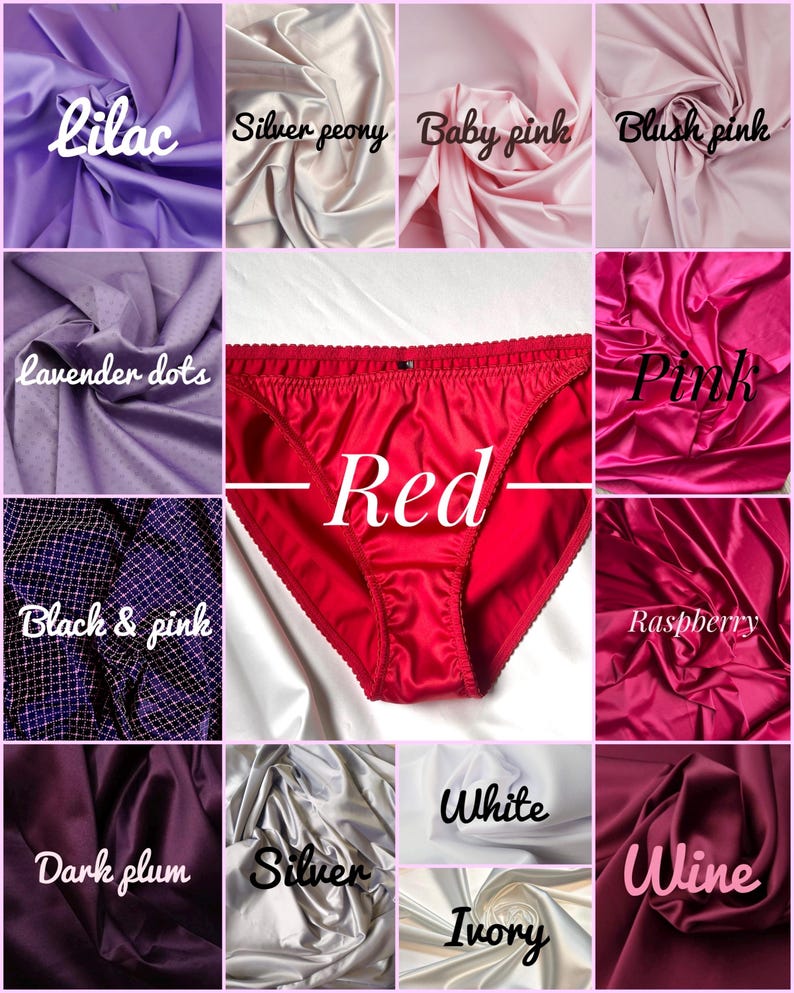 Puede incluir: Un collage de muestras de tela en varios colores, incluyendo lila, peon&iacute;a plateada, rosa beb&eacute;, rosa rubor, lunares lavanda, negro y rosa, ciruela oscura, plata, blanco, marfil y vino. Un calz&oacute;n rojo est&aacute; en el centro, con la palabra "Red".