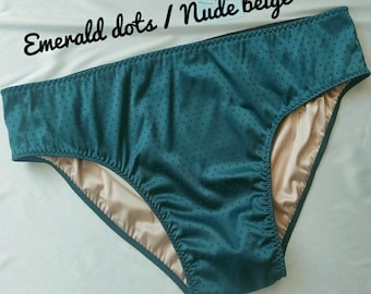 Men's double satin briefs, emerald dot green silk male panty with two layers