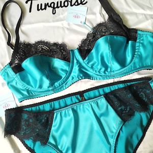 Teal Black Satin Lingerie Set Sexy Lace Bra Erotic Silky - Etsy