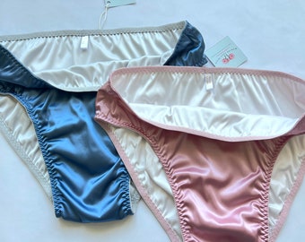 Blue double satin briefs for men, dusty pink silk male panty with two layers of stretch satin