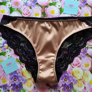 Gold black panties, satin lace lingerie, Valentines gift for woman
