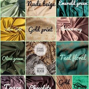 Puede incluir: Un collage de muestras de tela en varios colores y patrones. Los colores incluyen t&eacute; verde, beige nude, verde esmeralda, oro amarillo, estampado dorado, marr&oacute;n rosado, verde oliva, estampado de leopardo, floral turquesa, topo, chocolate, dorado y verde.