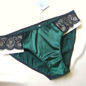 Emerald green satin panties, silk lace briefs, gift for woman