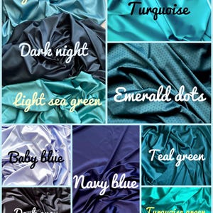 Puede incluir: Un collage de muestras de tela en varios tonos de azul y verde. Los colores incluyen azul turquesa claro, turquesa, noche oscura, verde mar claro, puntos esmeralda, azul beb&eacute;, azul marino, gris oscuro, verde turquesa y verde turquesa.