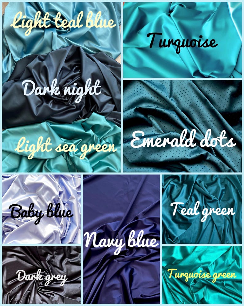 Puede incluir: Un collage de muestras de tela en varios tonos de azul y verde. Los colores incluyen azul turquesa claro, turquesa, noche oscura, verde mar claro, puntos esmeralda, azul beb&eacute;, azul marino, gris oscuro, verde turquesa y verde turquesa.