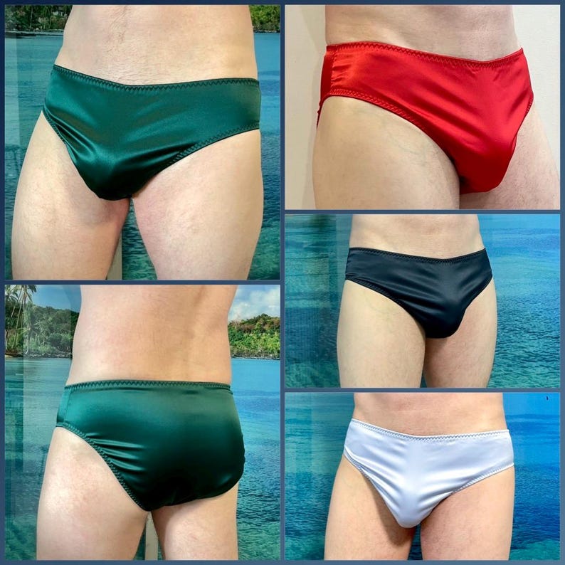 Puede incluir: Un collage de ropa interior de sat&eacute;n en varios colores: verde esmeralda, rojo, negro y blanco. Cada par tiene un corte de cintura baja con un ribete contrastante a lo largo de la cintura y las aberturas de las piernas. La tela tiene un ligero brillo.