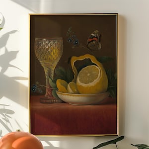 Natura morta con limone e vetro, arte murale con frutto dello spirito, natura morta con frutta, decorazione murale vintage, natura morta vintage, arte murale eccentrica