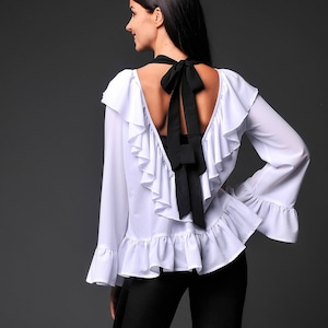 Soft chiffon blouse, Chiffon  long sleeve, Shirt plus size, Oversized top, Ruffle collar blouse