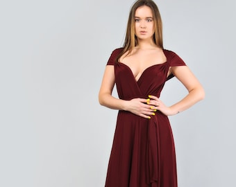 Burgundy bridesmaid infinity dress, wrap convertible wedding gown for women