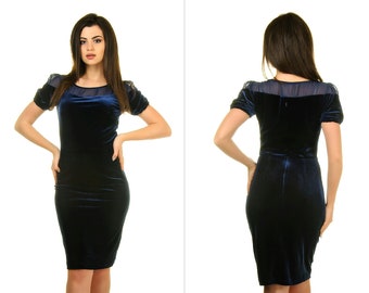 Navy blue velvet dress, wedding guest dress