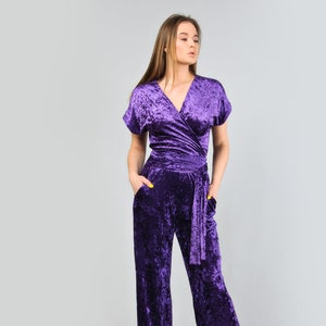 Purple velvet wrap jumpsuit, Short sleeve jumpsuit with pockets