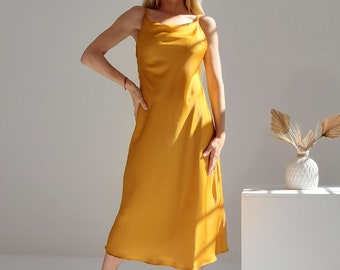 Mustard  silk slip dress, Cowl neck silk slip dress, Stretch silk bridesmaid dress