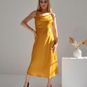 Mustard  silk slip dress, Cowl neck silk slip dress, Stretch silk bridesmaid dress