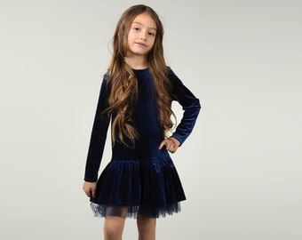 Velvet dark blue ruffle dress tulle girl birthday