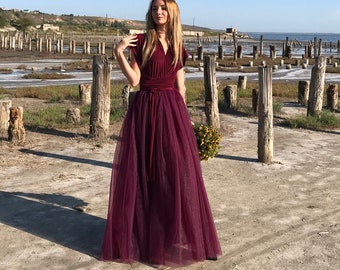 Prom dress long burgundy, Tulle wedding dress, Formal evening dress, Maxi infinity dress, Graduation party dress, Bridesmaid dress