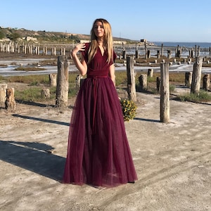 Prom dress long burgundy, Tulle wedding dress, Formal evening dress, Maxi infinity dress, Graduation party dress, Bridesmaid dress