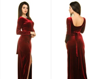 Velvet bridesmaid dress, Burgundy velvet dress, Prom dress long, Wedding guest dress, Long sleeve velvet evening gown