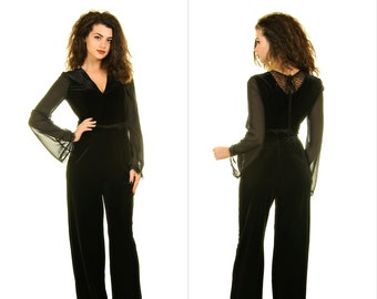 Elegant evening black velvet jumpsuit, Wide leg jumpsuit, wrap neck jumpsuit, wedding guest romper