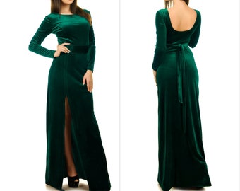 Emerald Green Velvet Maxi Dress, Long Sleeve Slit Gown