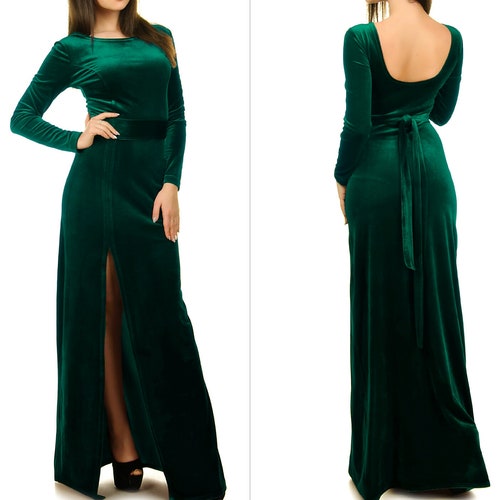 Emerald Green Velvet Dress With a Slit Wedding Guest Long - Etsy