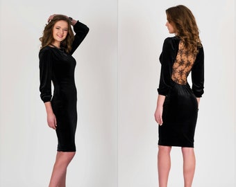 Samt Partykleid schwarzes Cocktail-Bodycon-Kleid, Sexy enges Kleid für Frauen, Hochzeitsgastkleid, schwarzes Bleistiftkleid
