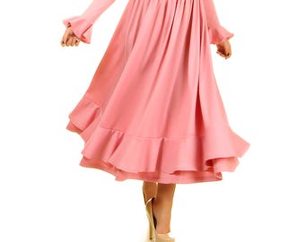 Tea length dress long sleeves flounced, flared dress, long dress, wedding guest dress, bridesmaid dress
