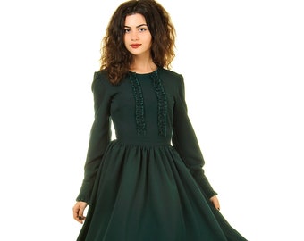 Dark green maxi dress, tea length dress, elegant long sleeve dress for women