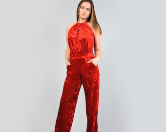 Wedding velvet wide leg jumpsuit, Red formal jumpsuit, Elegant prom jumpsuit, Bridesmaid jumpsuit, Velvet jumpsuit mother of the bride