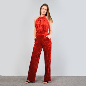 Wedding velvet wide leg jumpsuit, Red formal jumpsuit, Elegant prom jumpsuit, Bridesmaid jumpsuit, Velvet jumpsuit mother of the bride