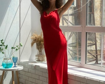 Vestido lencero de seda roja, vestido midi de seda con cuello desbocado, vestido de dama de honor de seda elástica