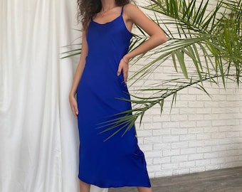 Blue bias silk dress, V-neck silk slip dress midi, Stretch silk bridesmaid dress, Date dress