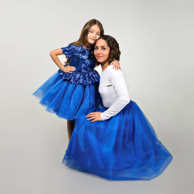 Matching royal blue adult tutu skirts and sequin tulle dress girls Mommy and me outfits