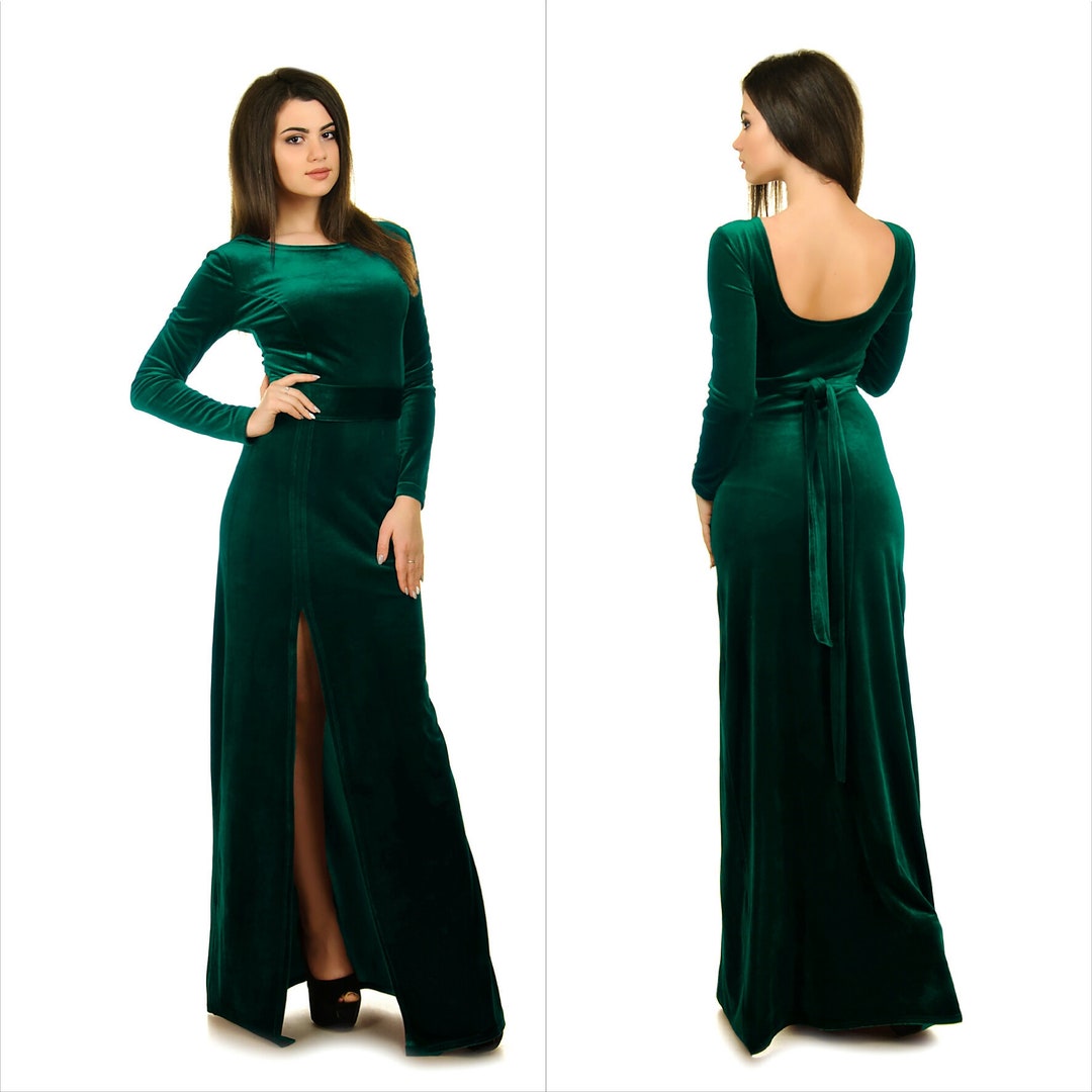 Emerald Green Velvet Dress With a Slit, Wedding Guest Long Sleeve Maxi Dress, Prom Dress for