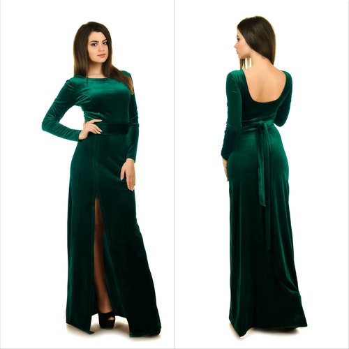 Emerald Green Velvet Dress With a Slit Wedding Guest Long - Etsy