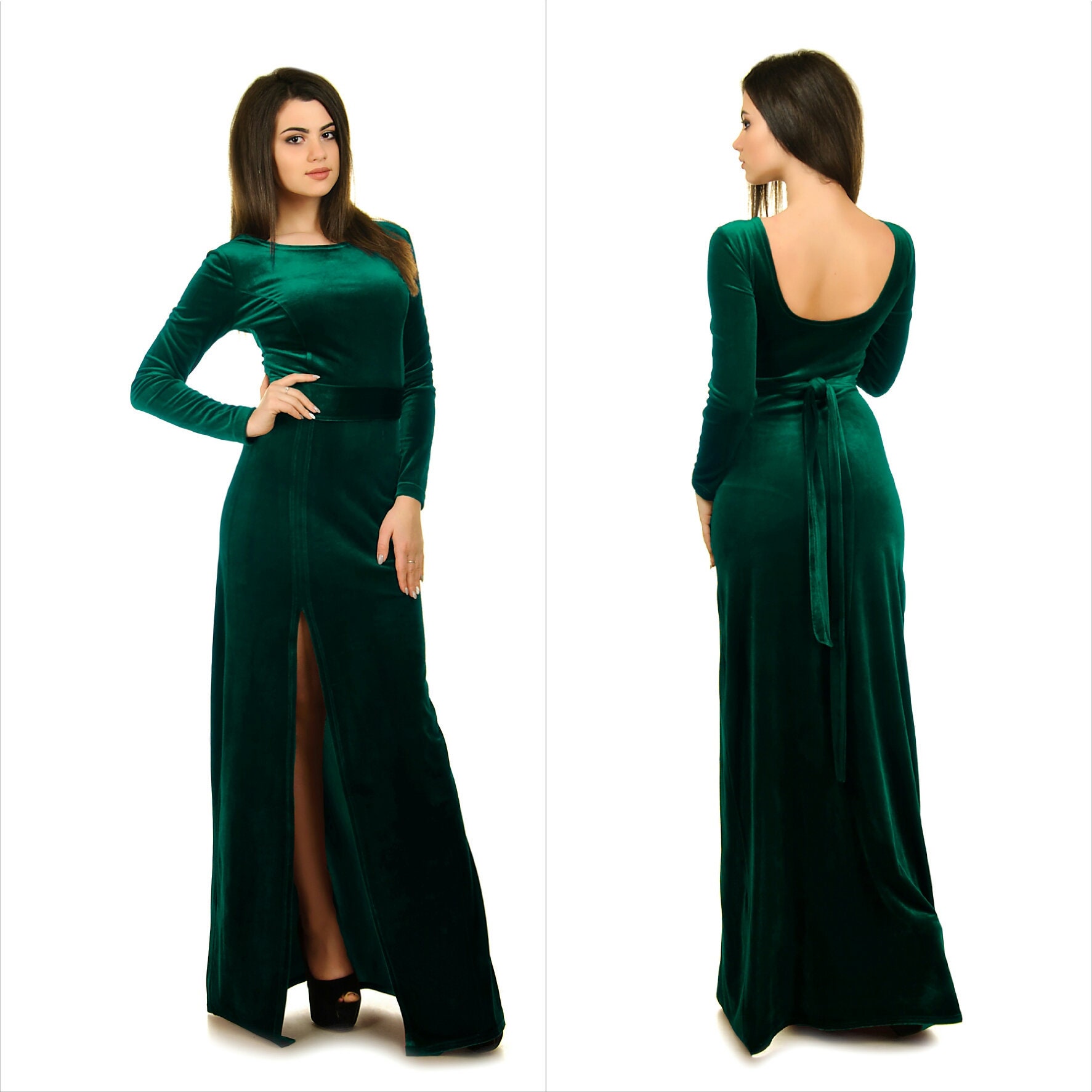 Buy > green long sleeve maxi evening dress > in stock