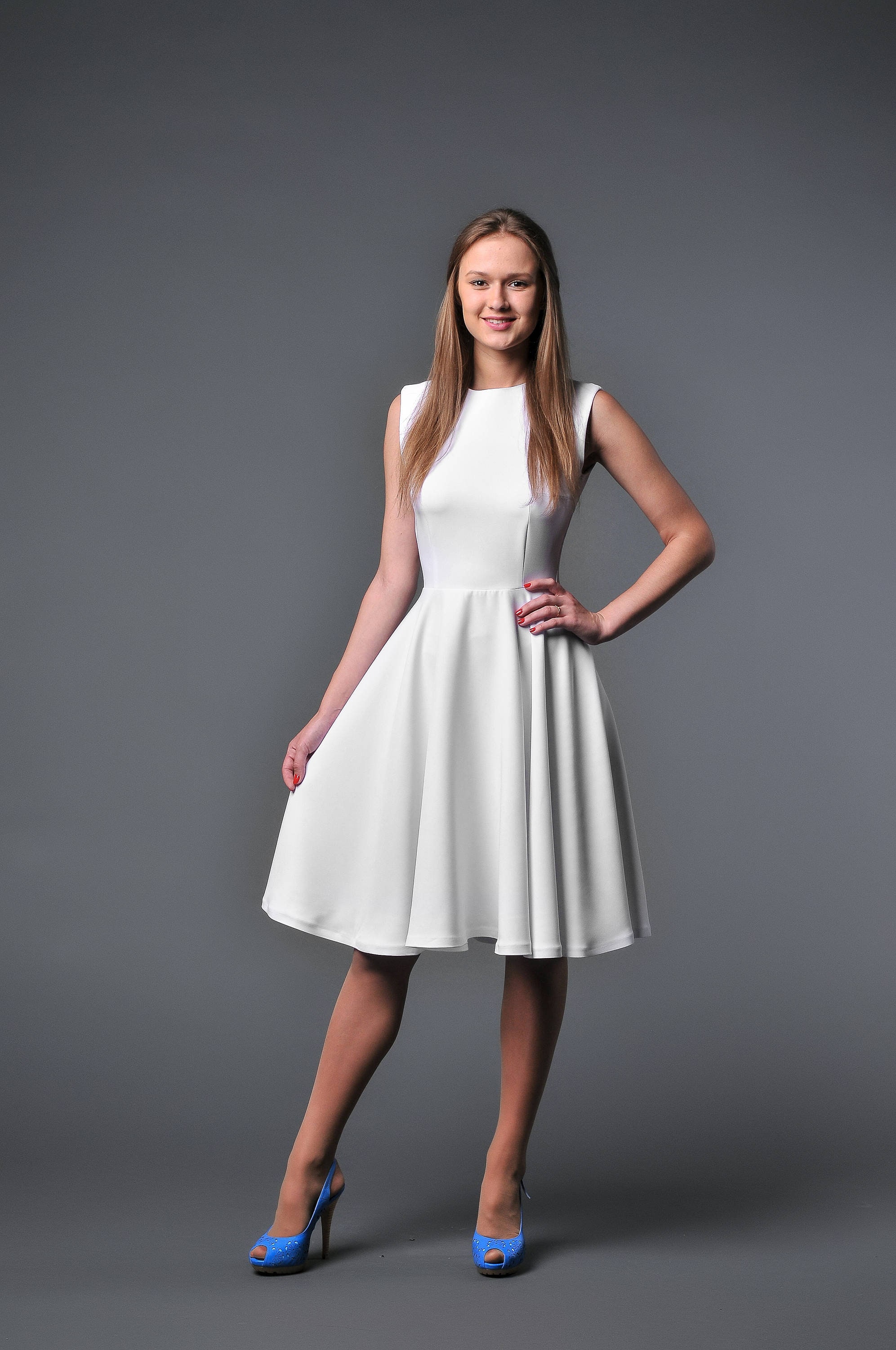 Floor Length Elbow Sleeve White Evening Dress - VQ