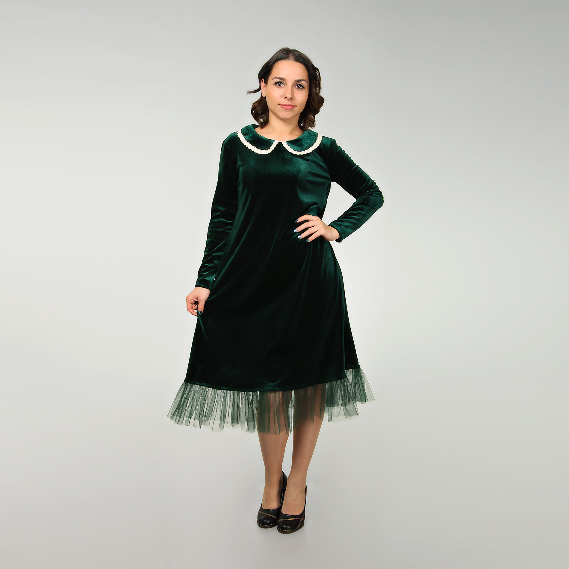 Emerald Green Velvet A-Line Dress, Elegant Midi Length