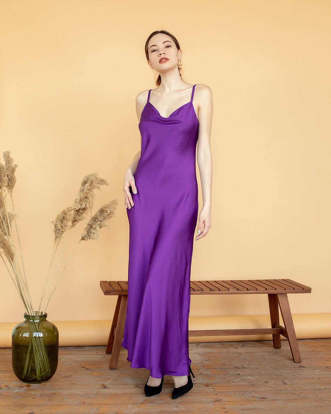 Silk Slip Dress Maxi Bias Cut Silk Bridesmaid Dress Plum