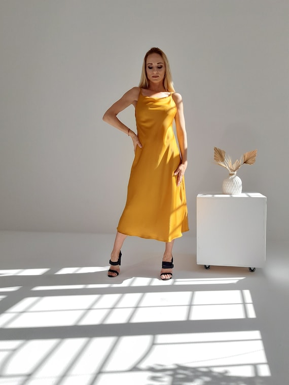 Mustard Silk Slip Dress Cowl Neck Silk Slip Dress Stretch Silk