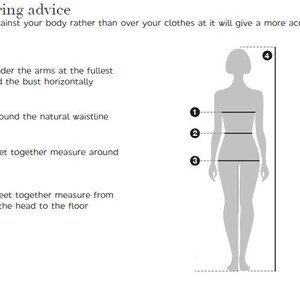 May include: Diagram showing how to measure bust, waist, hips, and height. The diagram shows a person standing with lines indicating where to measure.