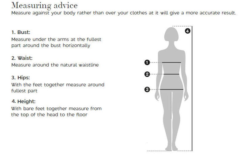 May include: Diagram showing how to measure bust, waist, hips, and height. The diagram shows a person standing with lines indicating where to measure.