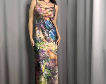 Floral silk dress, Beige silk slip dress, Cowl neck silk slip dress, Stretch silk bridesmaid dress