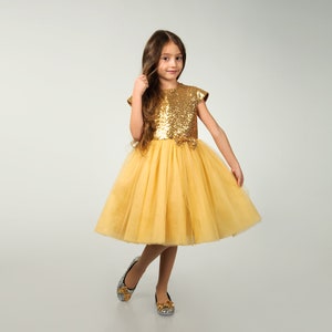 Gold tulle and sequin dress for birthday, Gold sequin pageant dress, Tutu flower dress, Sequin flower girl, Birthday tulle girl dress